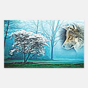 Sticker Rectangulaire Wolf Animal Spirit Forêt Paysage art Abstrait