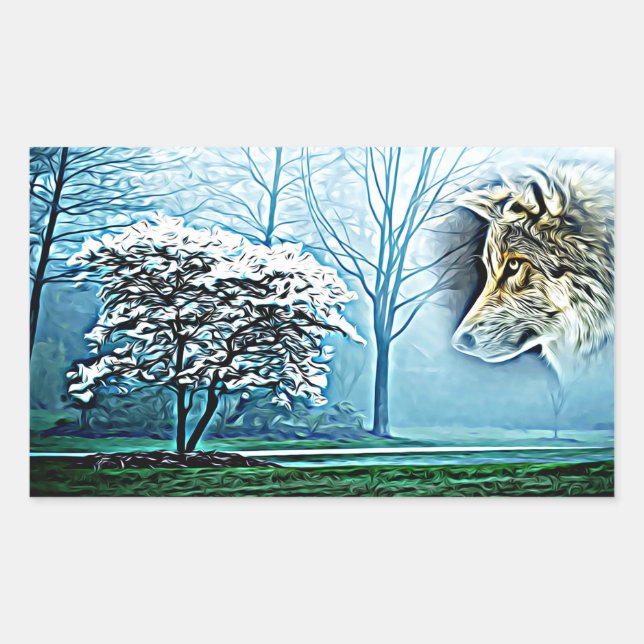 Sticker Rectangulaire Wolf Animal Spirit Forêt Paysage art Abstrait (Devant)