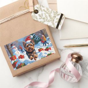 Sticker Rectangulaire Yorkshire Terrier dans la neige avec un chapeau de