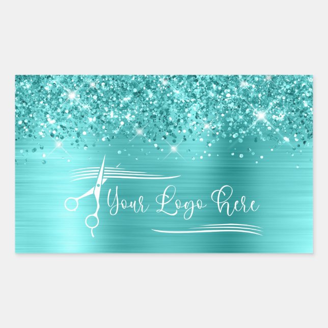 Sticker Rectangulaire Your Logo Glittery Turquoise Blue Glam (Devant)
