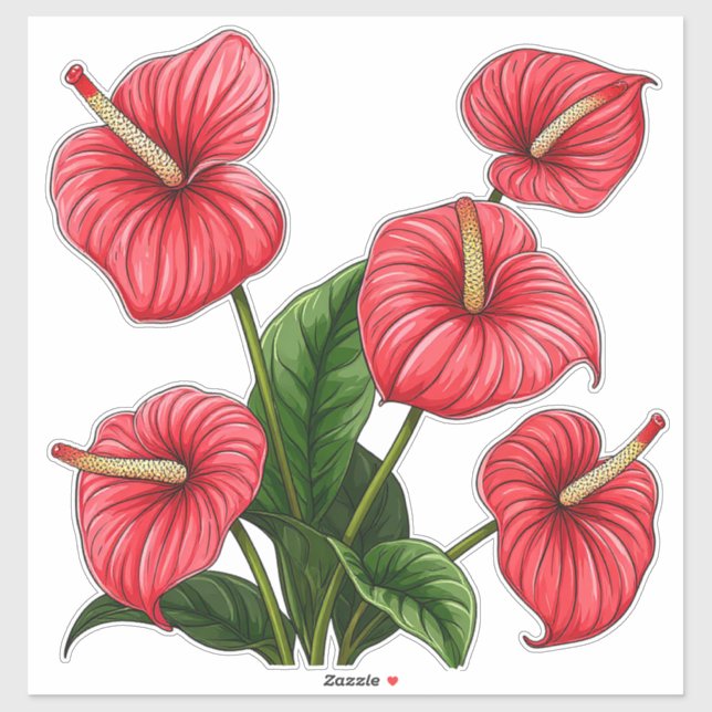 Sticker Red Anthurium Flowers with Green Leaves (Feuille)