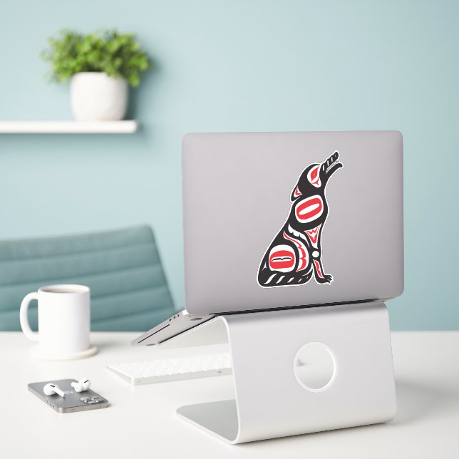 Sticker Red & Black Haida Wolf Esprit Abstrait Art animal (Ordinateur portable sur le bureau)
