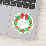 Sticker Red Cardinal Christmas<br><div class="desc">This pretty Christmas season Contour Objets a green wreath tied a bright red bow. Around the wreath are scattered little red birds. At the center is the matching green text which says,  but you may easily change it to anything you'd like.</div>