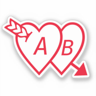Sticker Red Double Hearts with Cupids Arrow and Initials