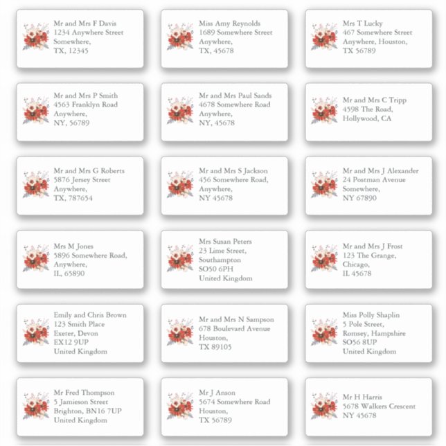 Sticker Red Florals Mariage individuel Nom de l'hôte Adres (Devant)