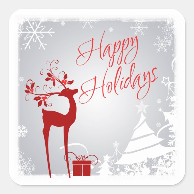 Sticker Red Grey Happy Holidays Deer, Snowflakes (Devant)