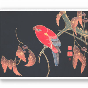 Sticker Red Parrot Vintage Bird Japanese Woodblock