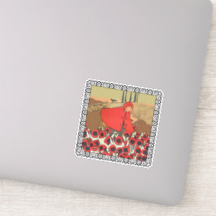 Sticker Red Riding Terrain Red Poppies Wolf encadré