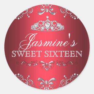 Sticker Red Silver Damask & Tiara Sweet 16