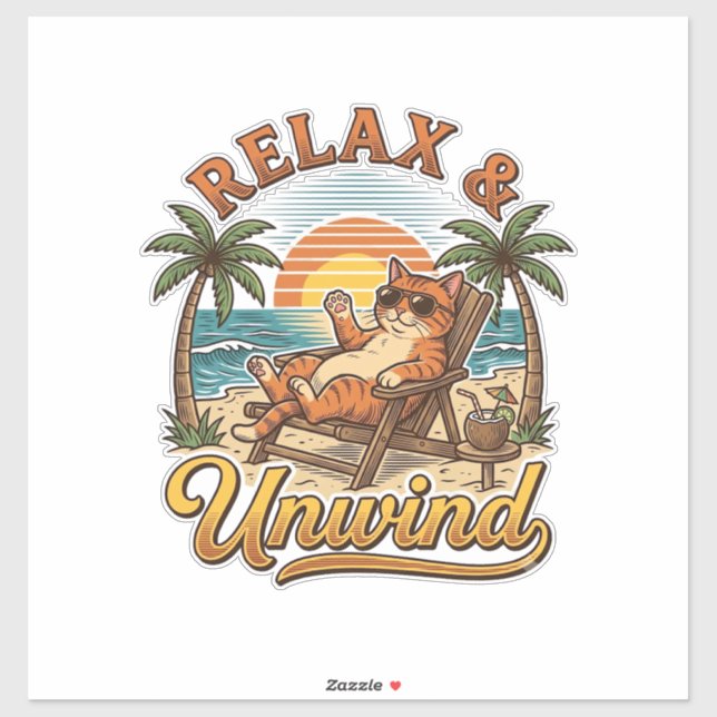Sticker Relax & Unwind Chat de Plage Design de Gravure Vin (Feuille)