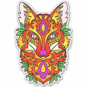 Sticker Renard boho art abstrait loup violet jaune rouge
