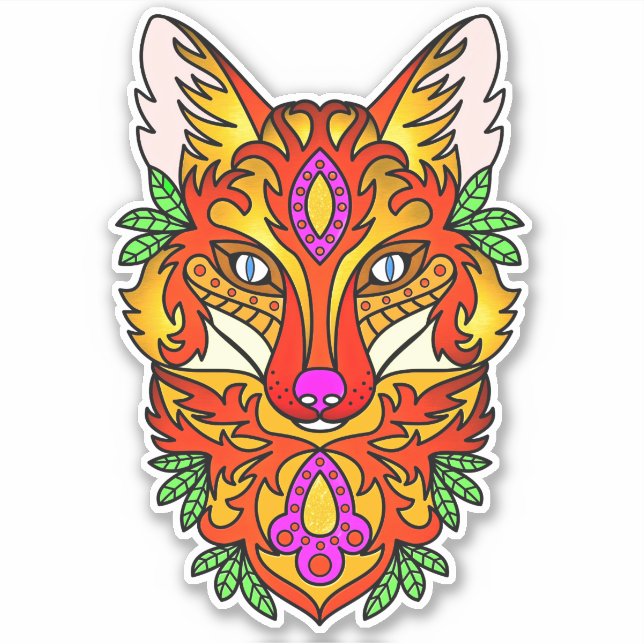 Sticker Renard boho art abstrait loup violet jaune rouge (Devant)