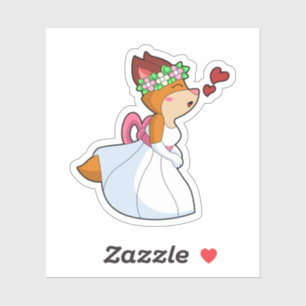 Sticker Renard comme mariée avec robe de mariée et couronn
