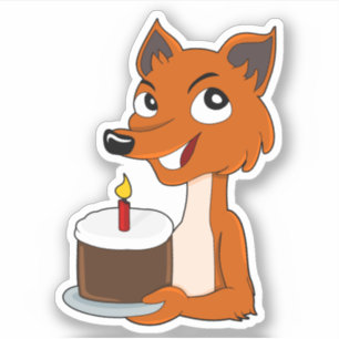 Sticker Renard de dessin animé avec un gâteau d'anniversai