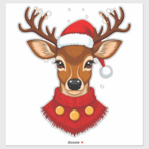 Sticker Renne Joyeux Avec Chapeau de Père Noël