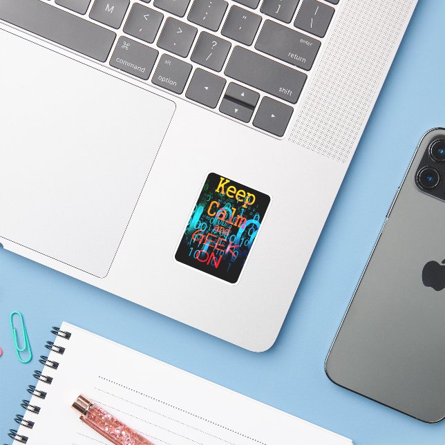 Sticker Restez Calme Et Geekez (Ordinateur portable avec iPhone)
