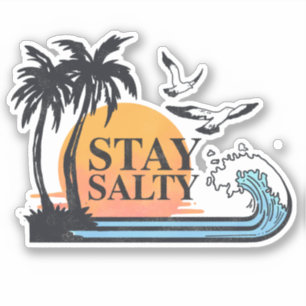Sticker Restez Salés Soleil Été Palmiers Vagues Mouettes