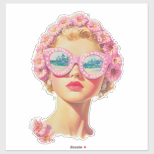 Sticker Retro Beach Girl avec lunettes de soleil florales