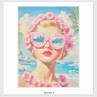 Sticker Retro Beach Girl avec lunettes de soleil florales