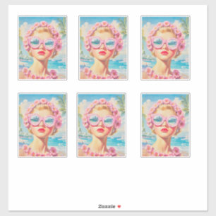 Sticker Retro Beach Girl avec lunettes de soleil florales