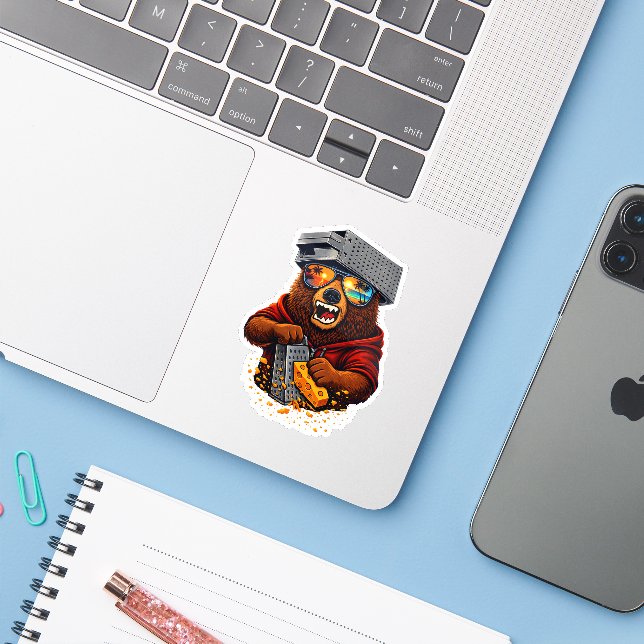Sticker Retro Bear With Cheese Grater Hat and Sunglasses (Ordinateur portable avec iPhone)