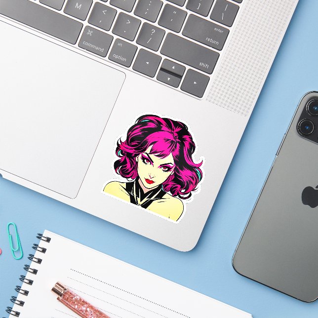Sticker Retro Charme comique - Bright Pop Art Girl (Ordinateur portable avec iPhone)