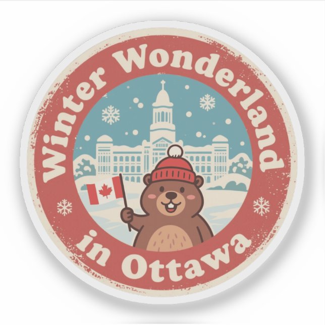 Sticker Retro Ottawa Beaver Hiver Fun (Devant)