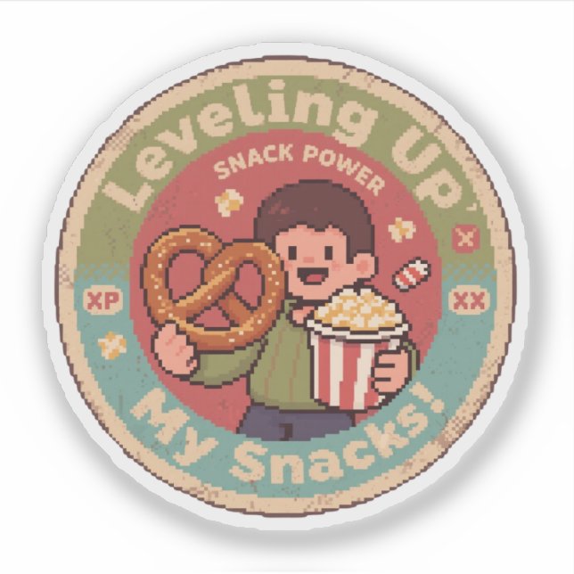 Sticker Retro Pixel Art Levelup My Snacks Power Design (Devant)