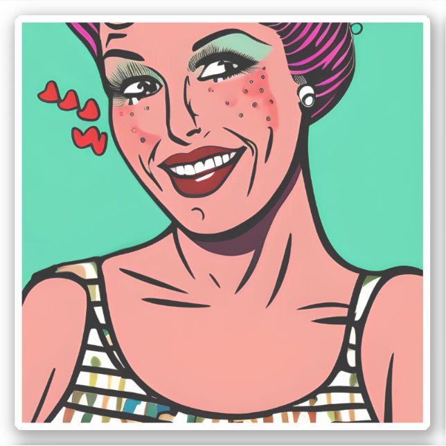 Sticker Retro Pop Art Lady Sourire avec les coeurs (Devant)