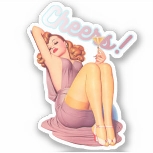 Sticker Retro Vintage rousse fille avec cocktail