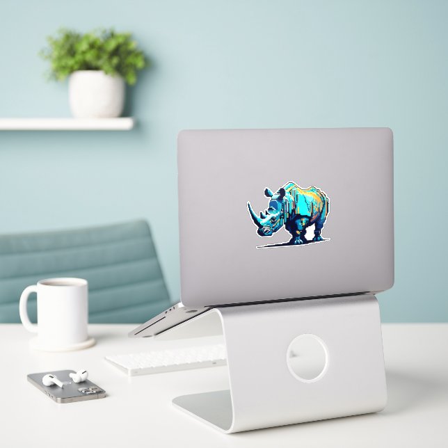 Sticker Rhinocéros Pixel Art Cyan Orange Rétro 8 Bits Arca (Ordinateur portable sur le bureau)