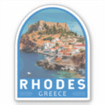 Sticker Rhodes Grèce Illustration Voyage Art Vintage<br><div class="desc">Rhodes conception de déplacement vectoriel rétro. Rhodes,  la plus grande des îles du Dodécanèse de Grèce,  est connue pour ses stations balnéaires et ses ruines antiques.</div>