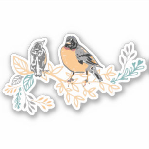 Sticker Robin Bird Mama et bébé Été Brood Avec Fleurs