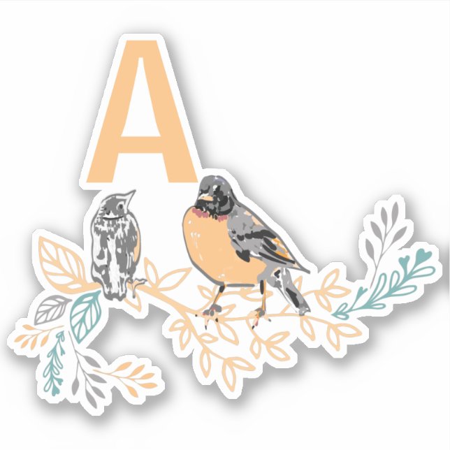 Sticker Robin Whimsical Bird Mama Baby Flowers Monogramme (Devant)
