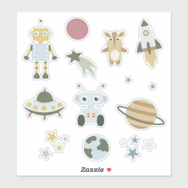 Sticker Robot spatial fusée mignon pastel enfants galaxie (Feuille)