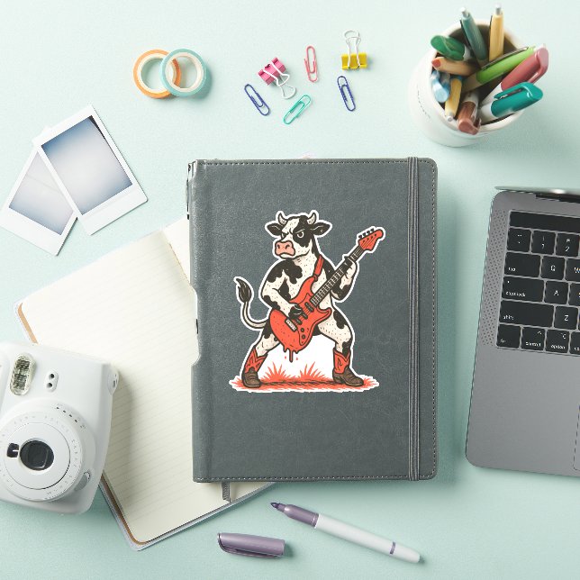 Sticker Rocker Cow PNG, Vache Jouer de la guitare (Couverture iPad)