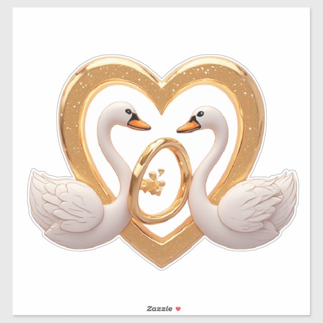 Sticker Romantic Wedding Swans With Gold Rings (Feuille)