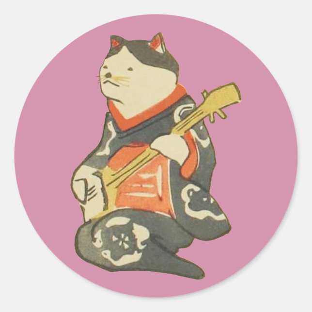 Sticker Rond 三 味 線 を 弾 く 猫, Cat  Jouant Guitare, Kuniyoshi, Uki (Devant)