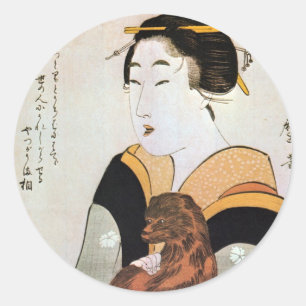 Sticker Rond 女 と 犬, 麿 femme et chien, Utamaro, Ukiyoe