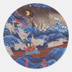 Sticker Rond 怪 物 鮫, 芳 requin-taupe, Kuniyoshi, Ukiyo-e 国