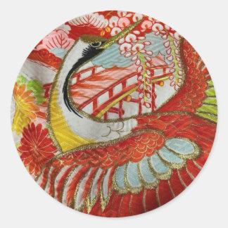 STICKER ROND 日本の伝統的着物生地シール（鶴赤）