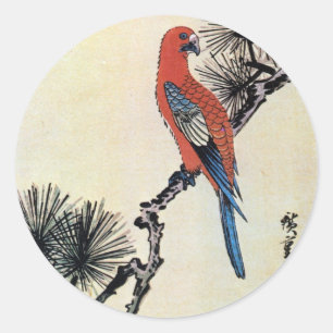 Sticker Rond 松 に コ, 広 Pin et Perruche, Hiroshige, Ukiyo-e