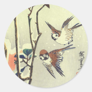 Sticker Rond 椿 に 雀, 重 Camellia et Sparrow, Hiroshige, Ukiyo-e