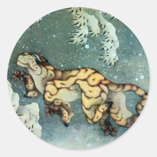 Sticker Rond 雪 中 虎 図, 北 tigre dans la neige, Hokusai