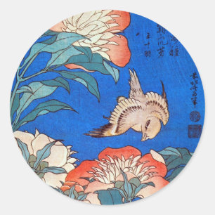 Sticker Rond 鳥 と 芍 薬, 北 Oiseau et pivoine, Hokusai, Ukiyoe, 斎