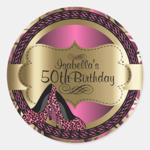 Sticker Rond 00e anniversaire   Leopard rose talons hauts