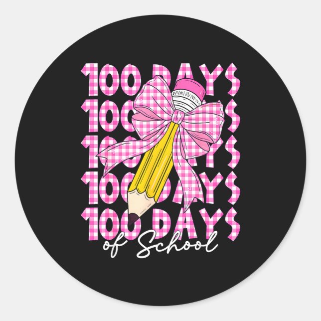 Sticker Rond 100 Days Of School Girls Coquette Bow 100th Day Of (Devant)
