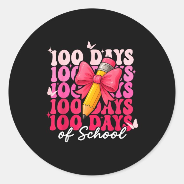 Sticker Rond 100 Days Of School Girls Coquette Bow 100th Day Of (Devant)