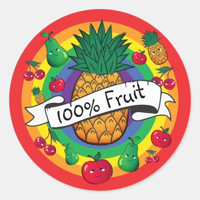 Sticker Rond "100% Fruit" fruit kawaii couleur arc-en-ciel (Devant)