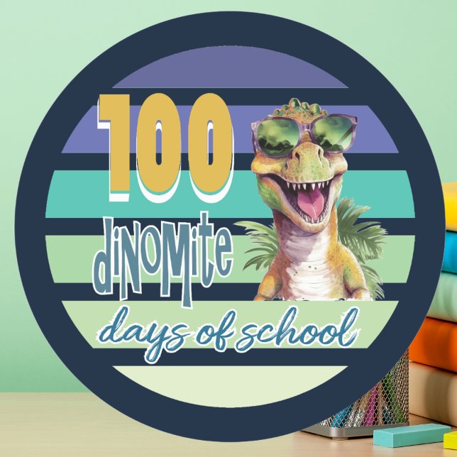 Sticker Rond 100 Jours d'École Dinosaur Enseignant Élève (School Stickers to celebrate 100 Days of School. Dinosaur retro vintage. )